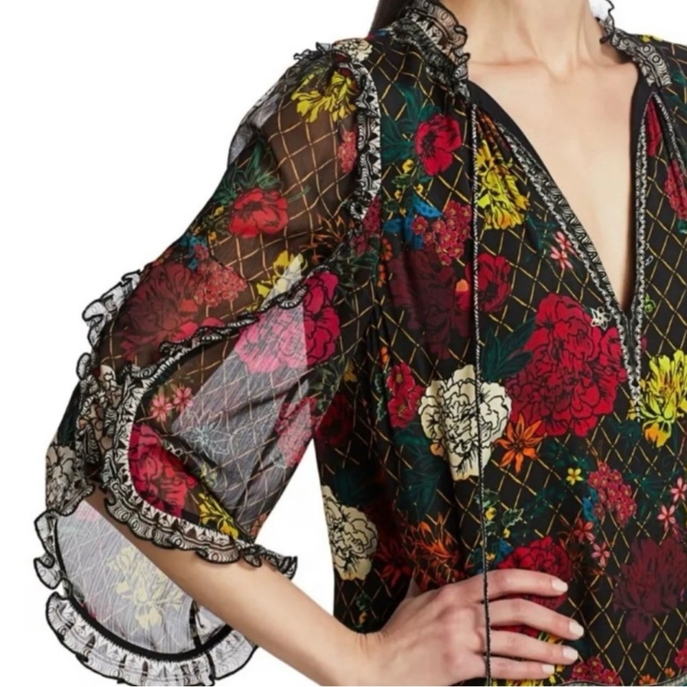 Alice + Olivia Julius Mona Ruffle Sleeve Mini Dress XS Boho Floral Shift - Picture 11 of 13